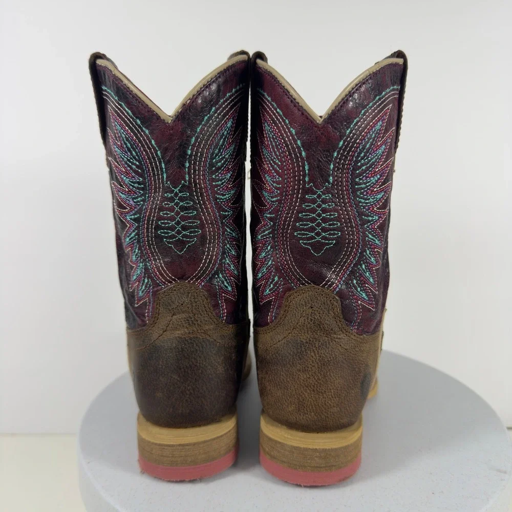Ariat Vaquera Kids Western Cowboy Boots Leather Purple Brown Square Toe Size 8.5